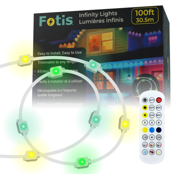 100ft strip of Fotis Infinity Lights and a remote control in front of their box.