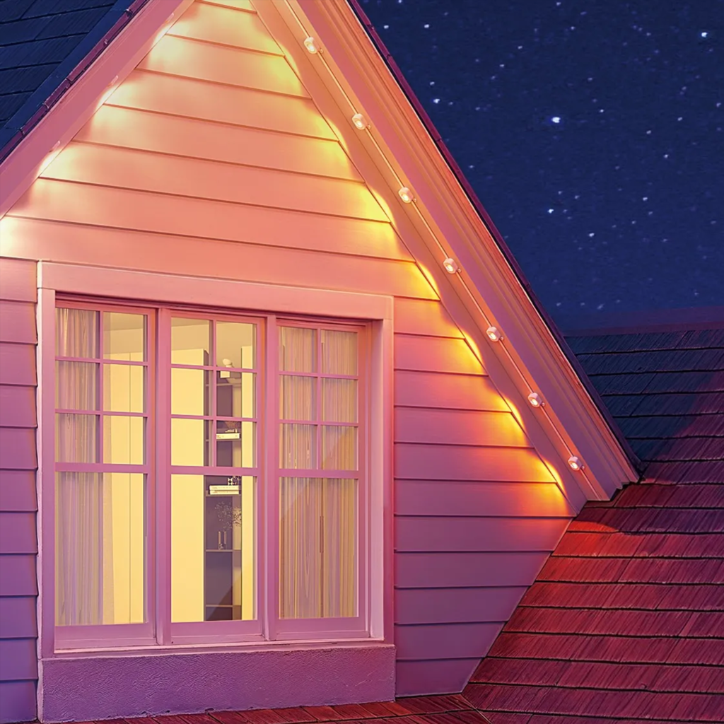 Fotis Infinity Lights installed on a roof glowing a soft orange under a starry night sky
