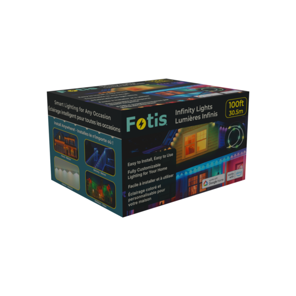 A cardboard box that the 100ft Fotis Infinity Lights are sold in